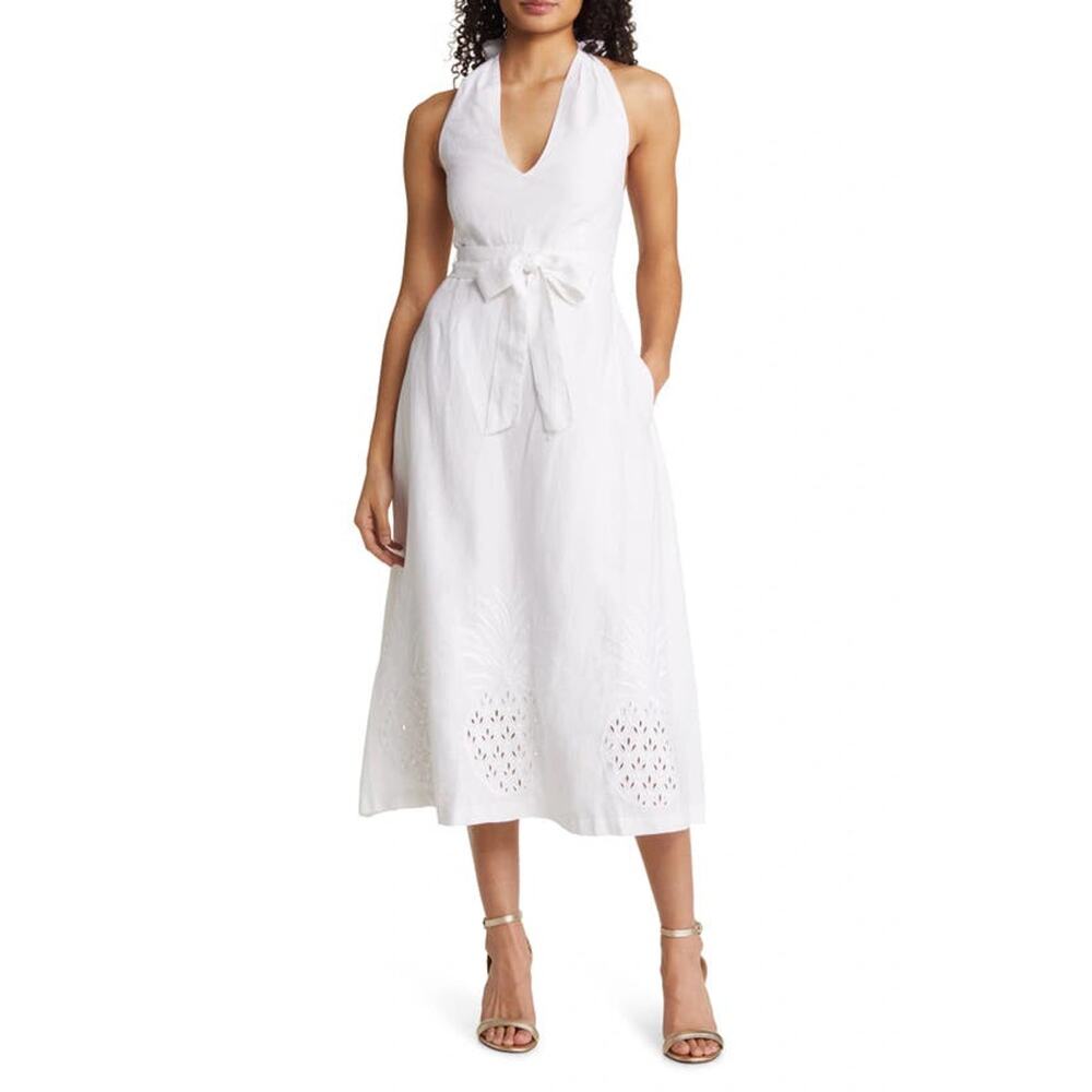 Tommy Bahama Pineapple Embroidered Halter Linen Midi Dress Sz 4, White | NEW$188 - Picture 6 of 6